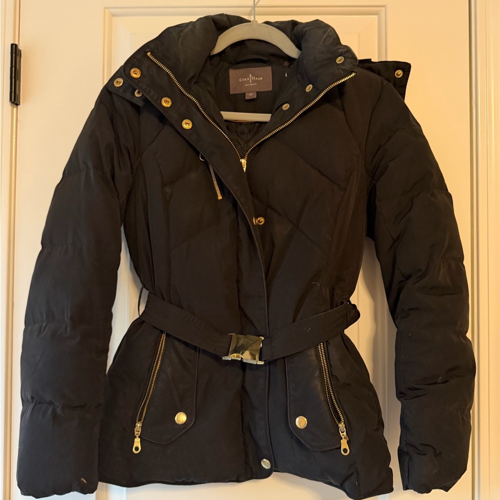Cole Haan Black Quilted Belted Puffer Jacket with Gold Hardware